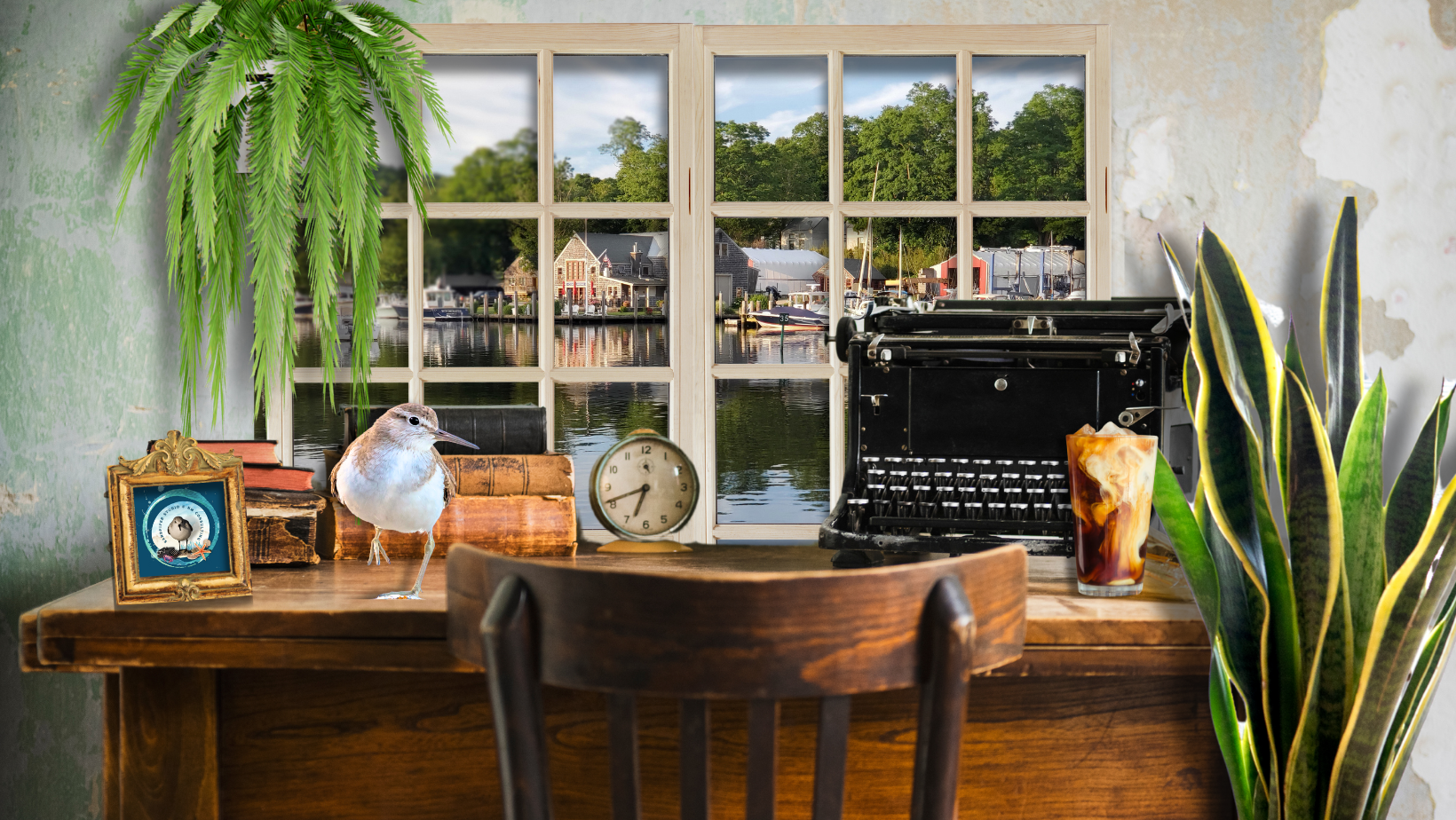 Old fashioned desk and typewriter with a sandpiper overlooking a window with a view of Hamburg Cove.